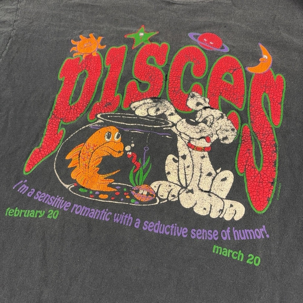 Vintage Pisces Shirt Mens XL Black Zodiac Astrology Dog Fish Graphic Tee USA